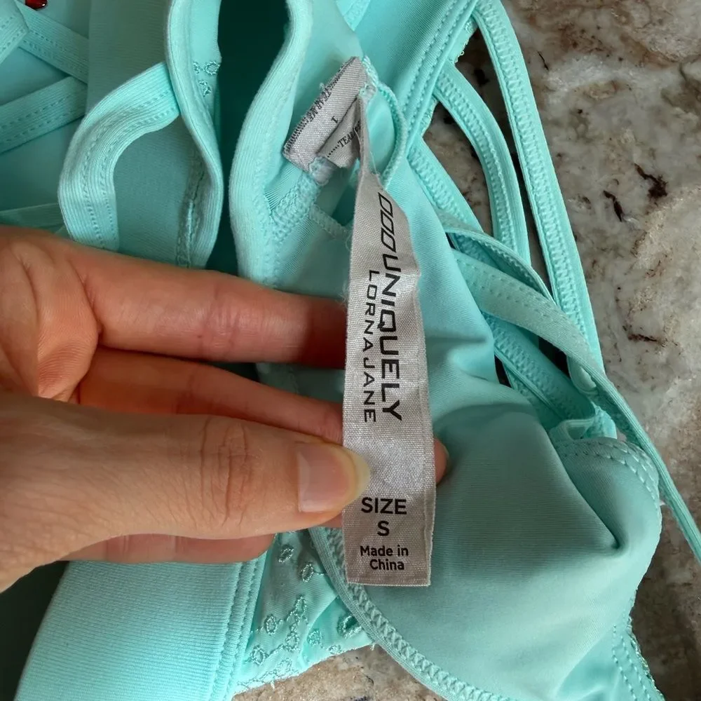 Lorna Jane bay blue embroidered sports bra strappy coastal pilates princess